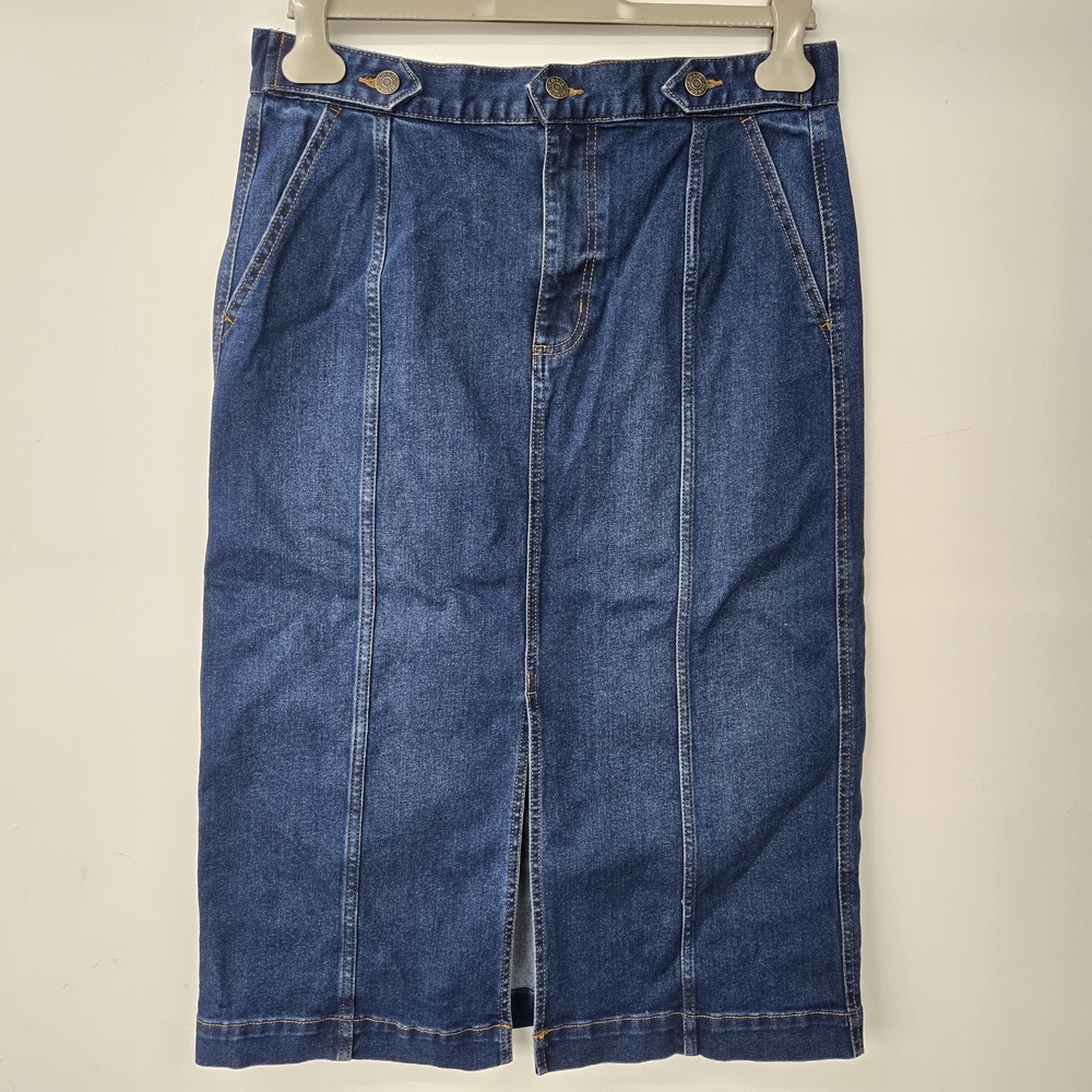 Chaps Blue Denim Midi Skirt with Front Slit Size 12